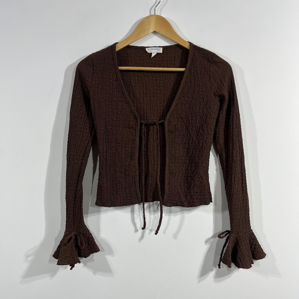 Womens Boho Festival Brown Granola Tie Front Cardigan Flared Sleeve Top XS 70s